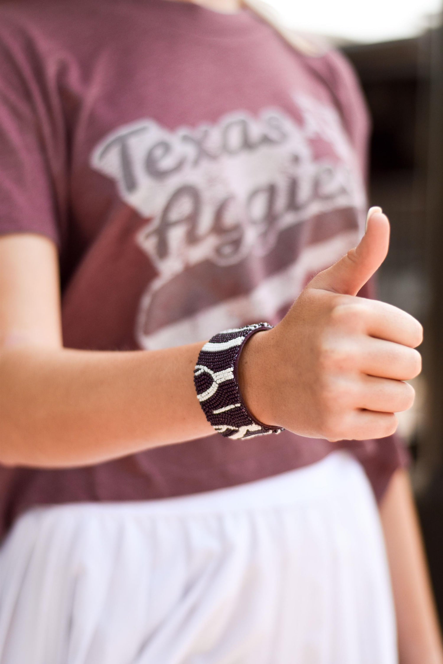 Maroon And White Beaded Zebra Cuff