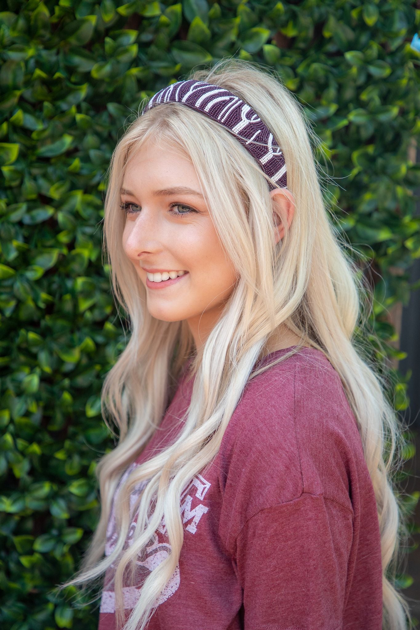 Maroon And White Beaded Zebra Headband