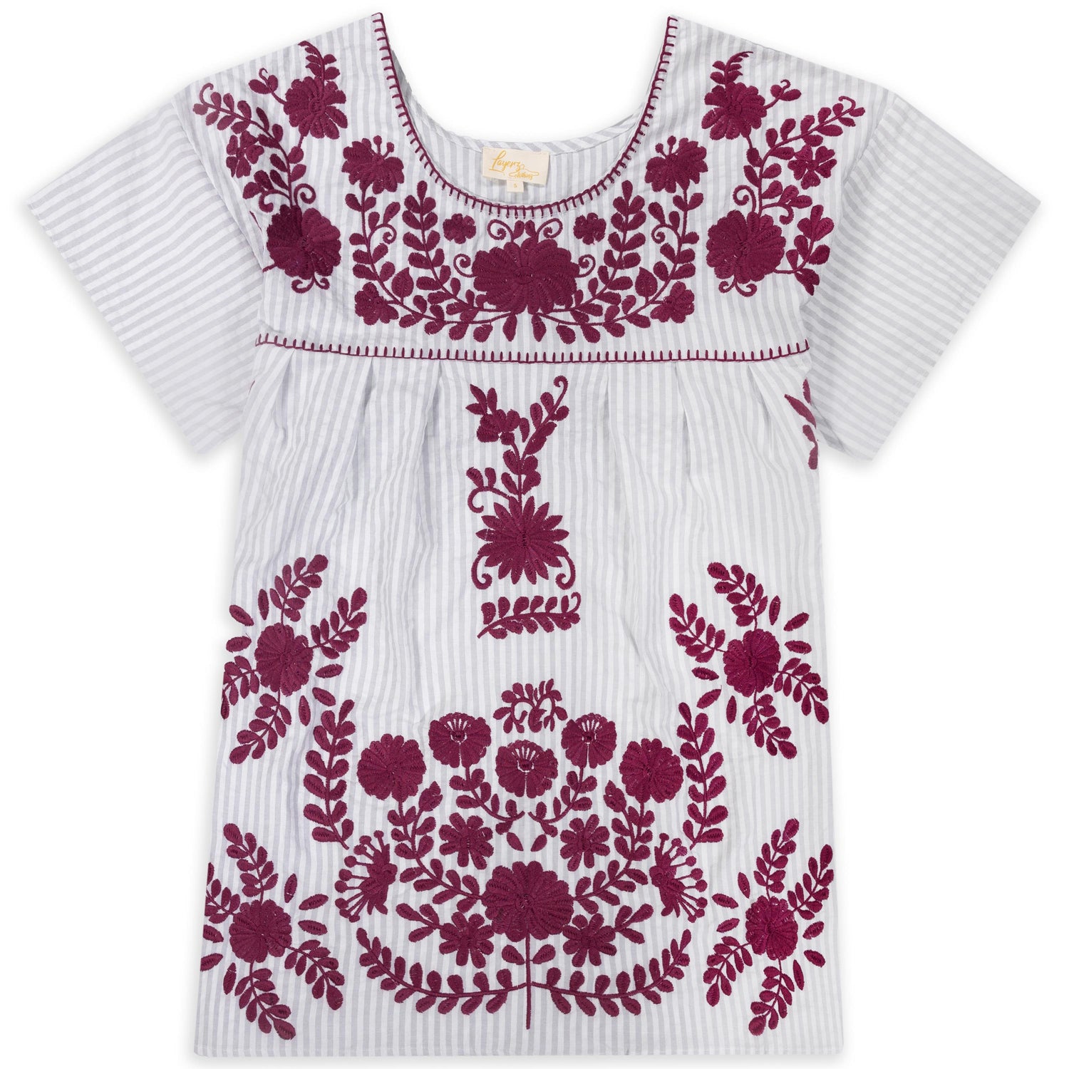 Layerz White Stripe and Maroon Floral Embroidery Top