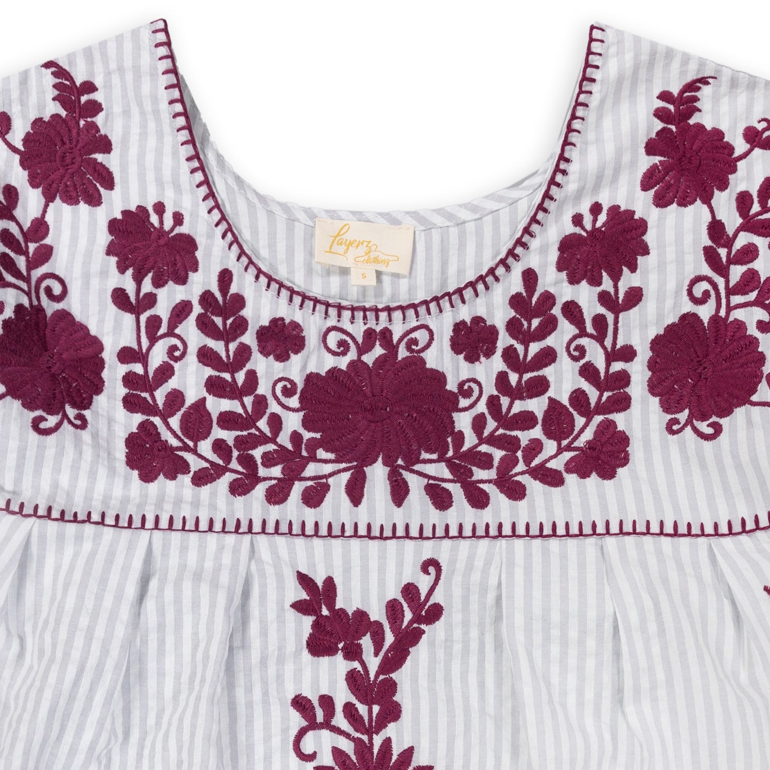 Layerz White Stripe and Maroon Floral Embroidery Top