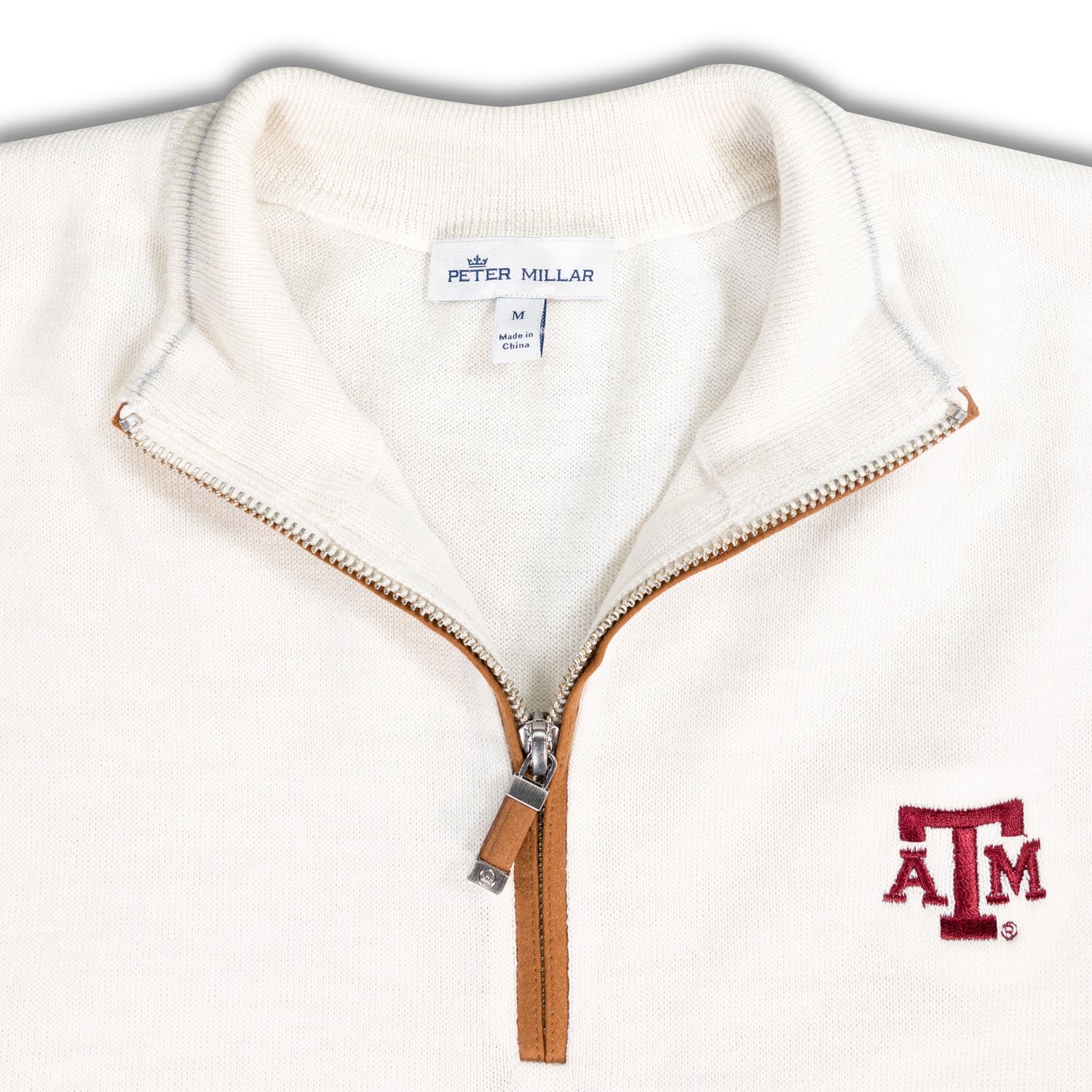 Texas A&M Peter Millar Autumn Crest Ivory Suede Trim Quarter Zip