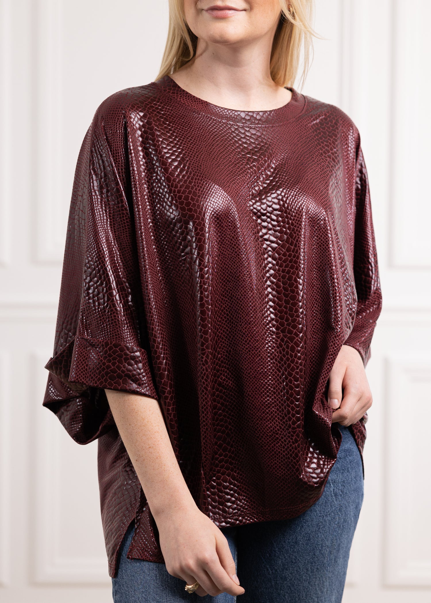Maroon Animal Print Oversized Cuff Blouse
