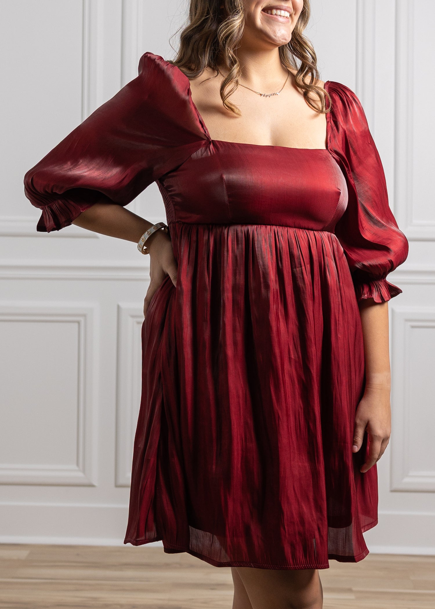 Maroon Women's Puff Sleeve Metallic Dress