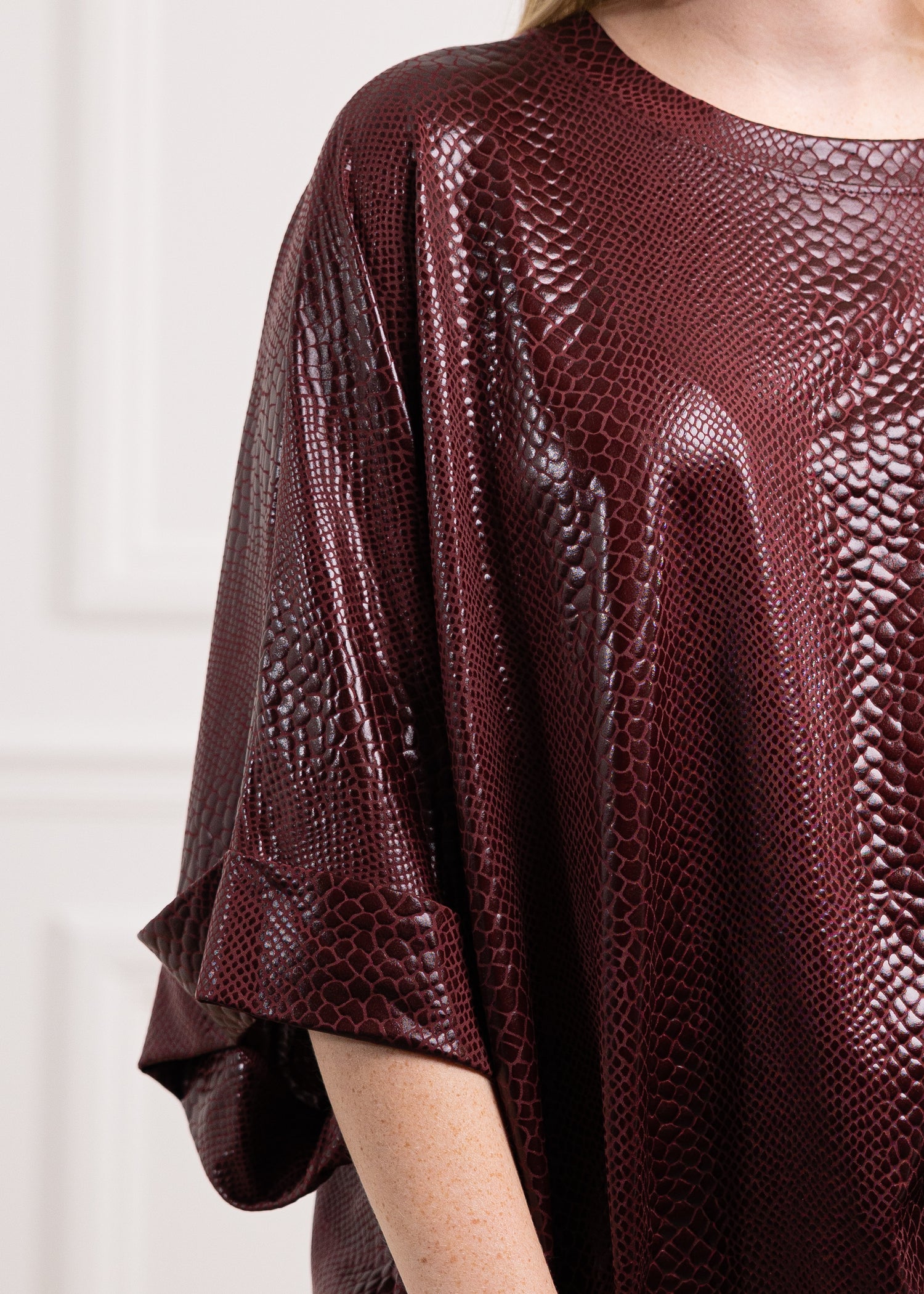 Maroon Animal Print Oversized Cuff Blouse