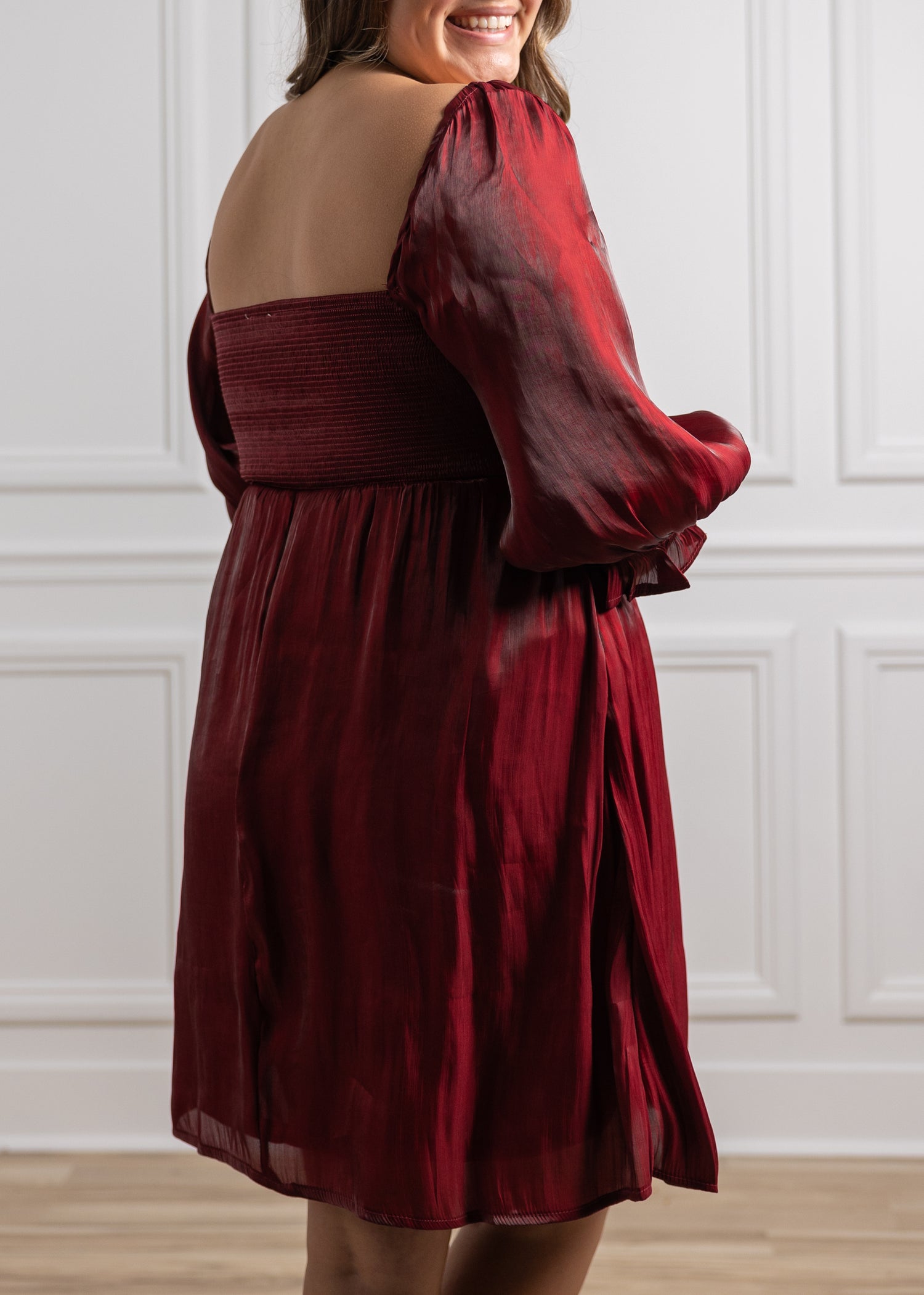 Maroon Women's Puff Sleeve Metallic Dress