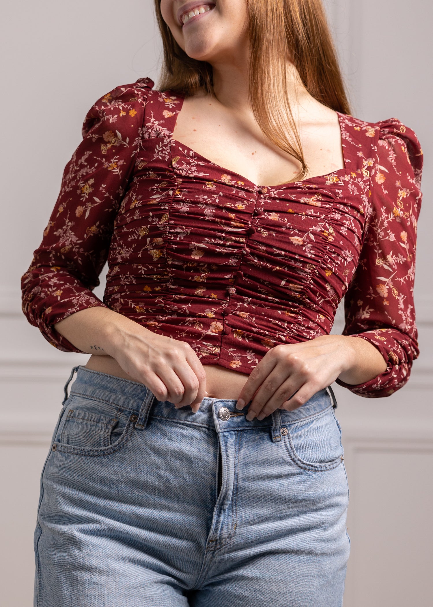 Floral Ruched LS Blouse